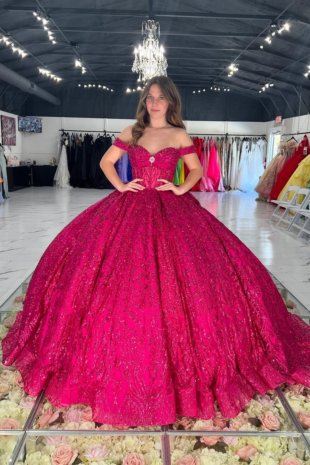 Glitter Red Appliqued Off The Shoulder Ball Gown Long Quinceanera Dress with Bow