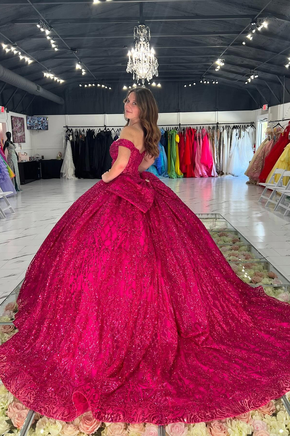 Glitter Red Appliqued Off The Shoulder Ball Gown Long Quinceanera Dress with Bow