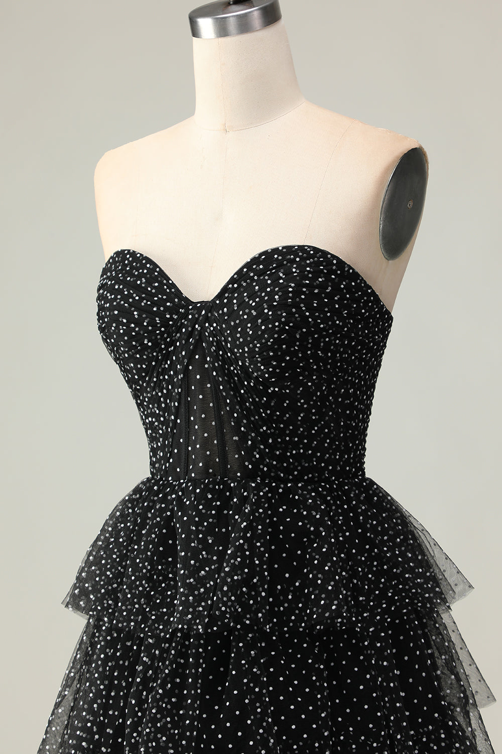 Black and White Polka Dots Ball Gown Strapless Long Corset Prom Dress with Slit