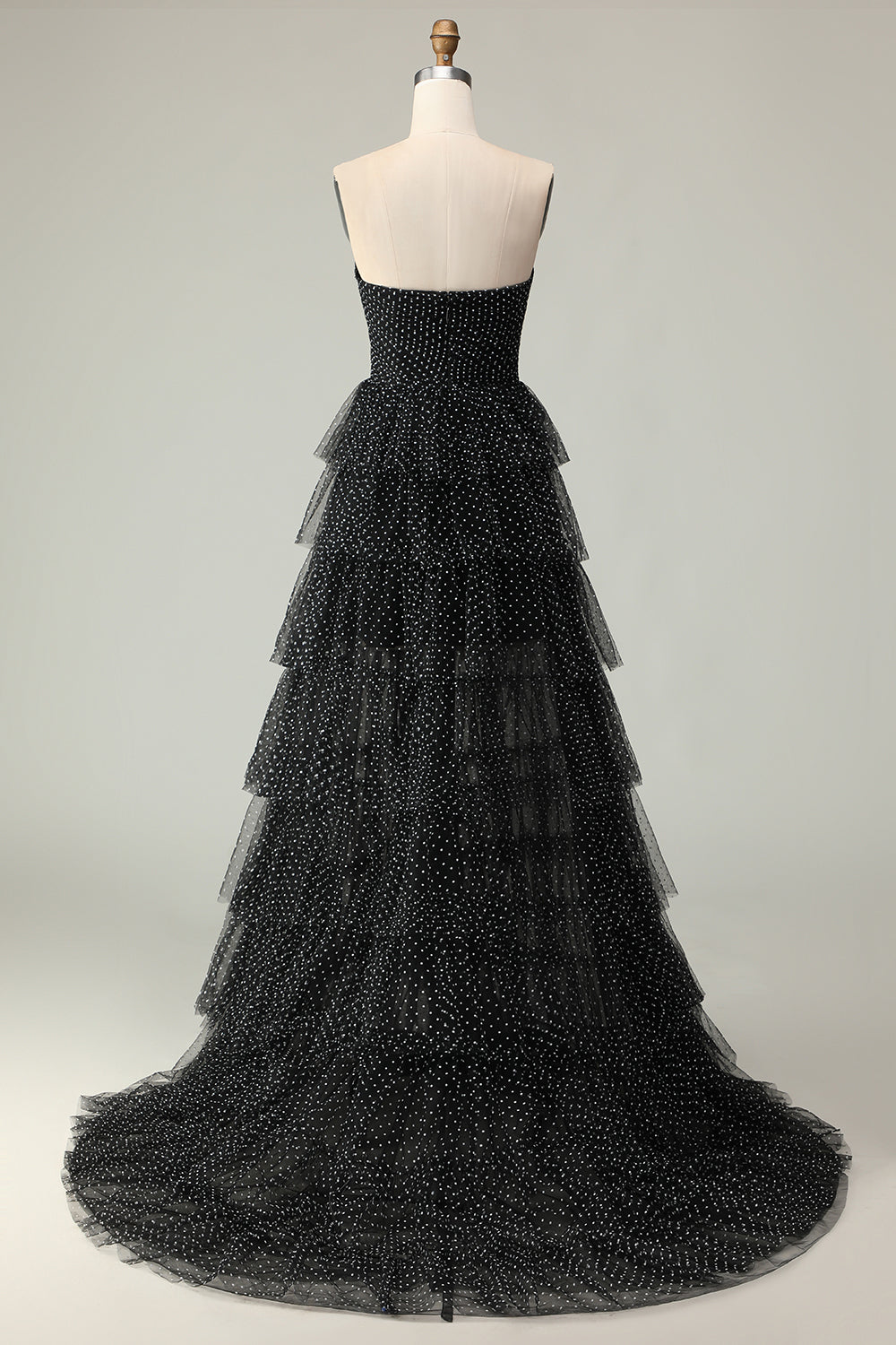 Black and White Polka Dots Ball Gown Strapless Long Corset Prom Dress with Slit