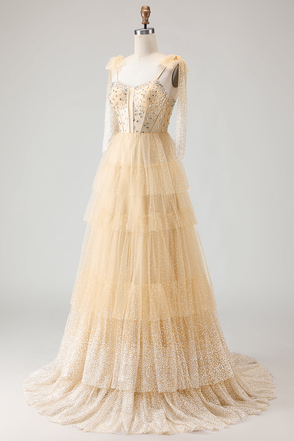 Sparkly Apricot Polka Dots Tiered A-Line Tulle Long Corset Prom Dress with Bows