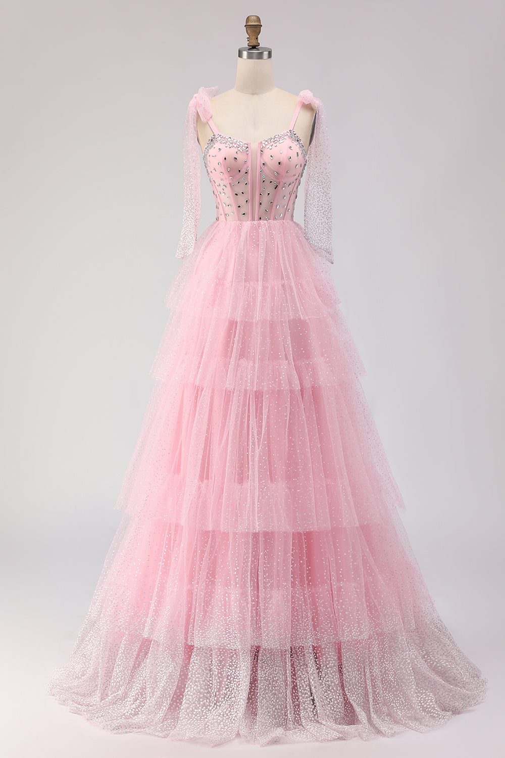 Sparkly Pink Tulle Polka Dots Ball Gown Long Corset Prom Dress with Ruffles