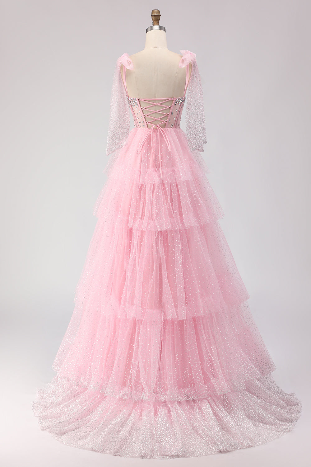 Sparkly Pink Tulle Polka Dots Ball Gown Long Corset Prom Dress with Ruffles