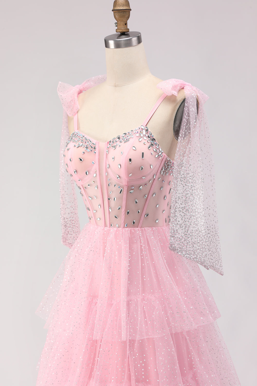 Sparkly Pink Tulle Polka Dots Ball Gown Long Corset Prom Dress with Ruffles