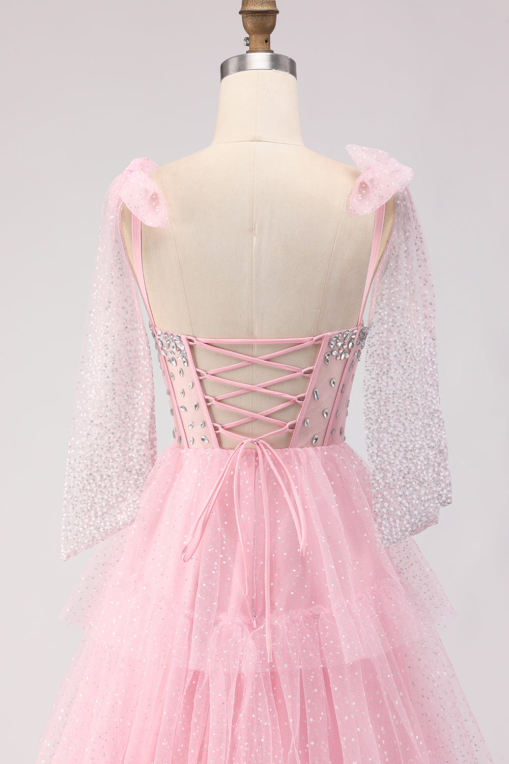 Sparkly Pink Tulle Polka Dots Ball Gown Long Corset Prom Dress with Ruffles