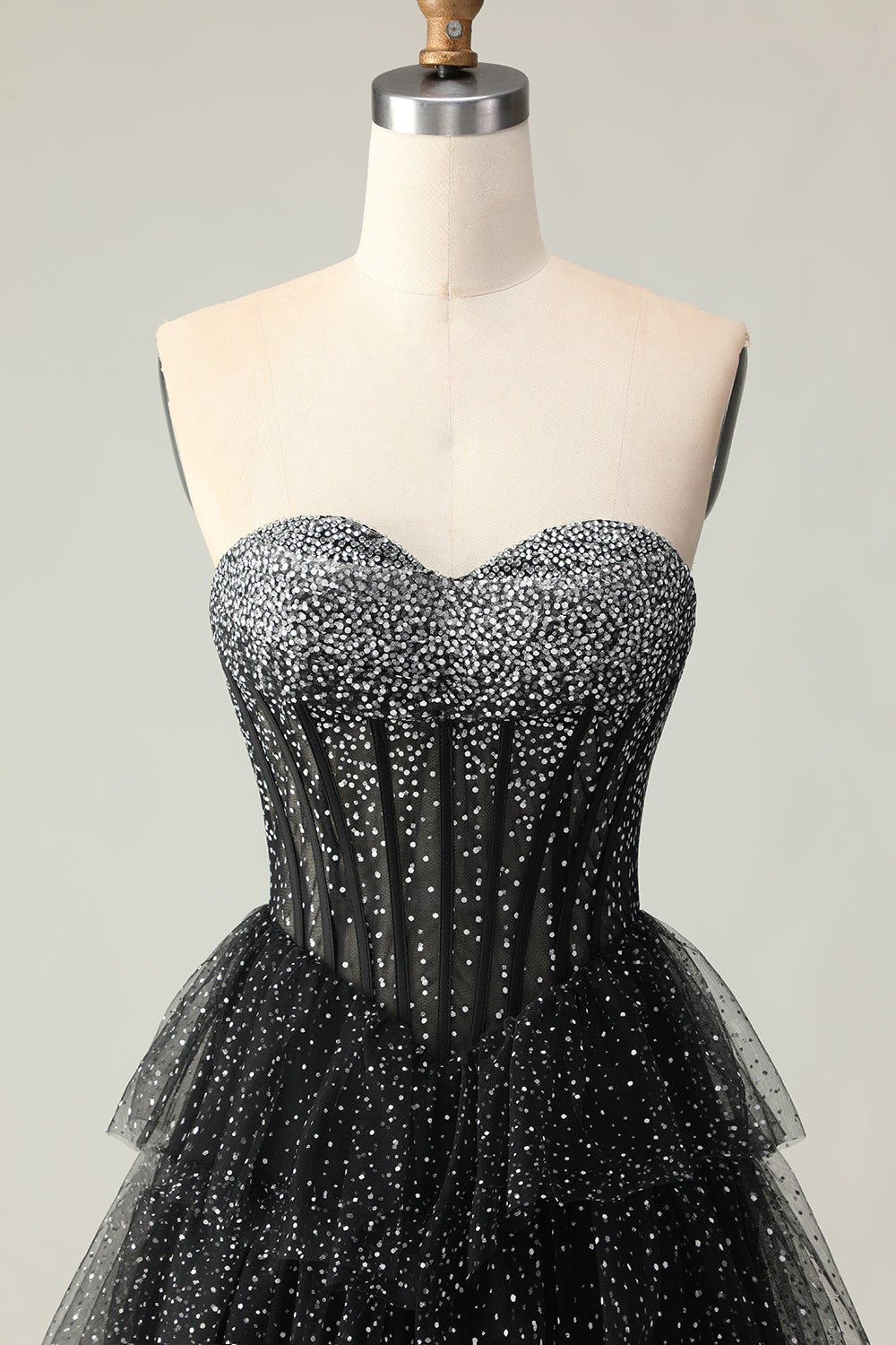 Sparkly Black and White Ball Gown Polka Dots Strapless Long Corset Prom Dress