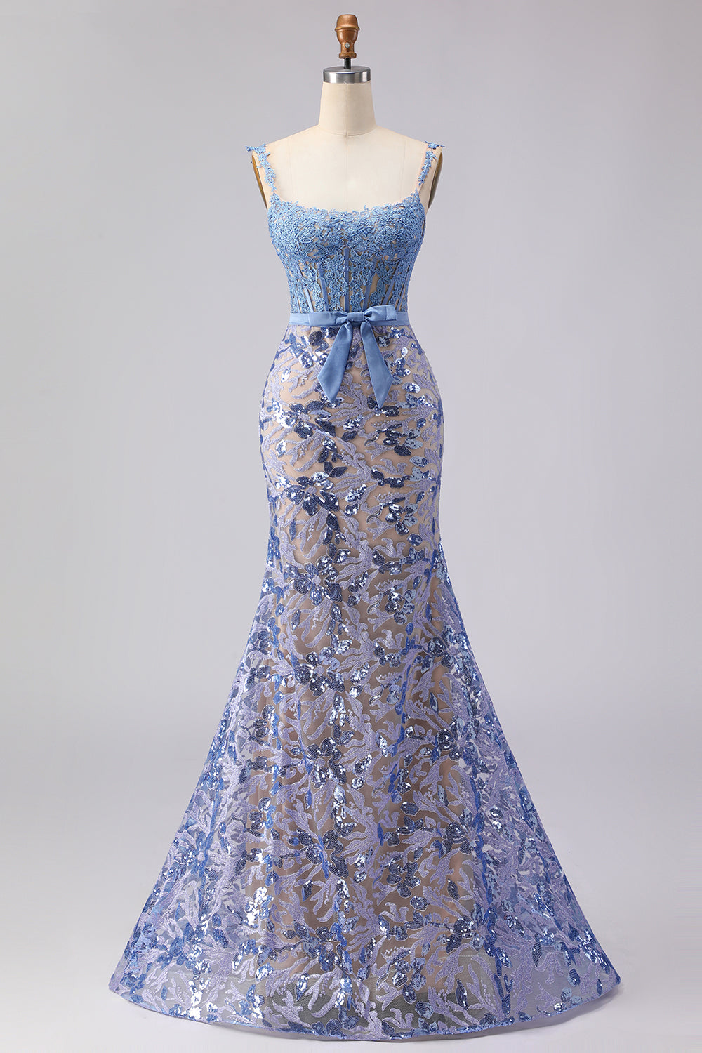 Grey Blue Mermaid Lace Long Corset Prom Dress with Bow