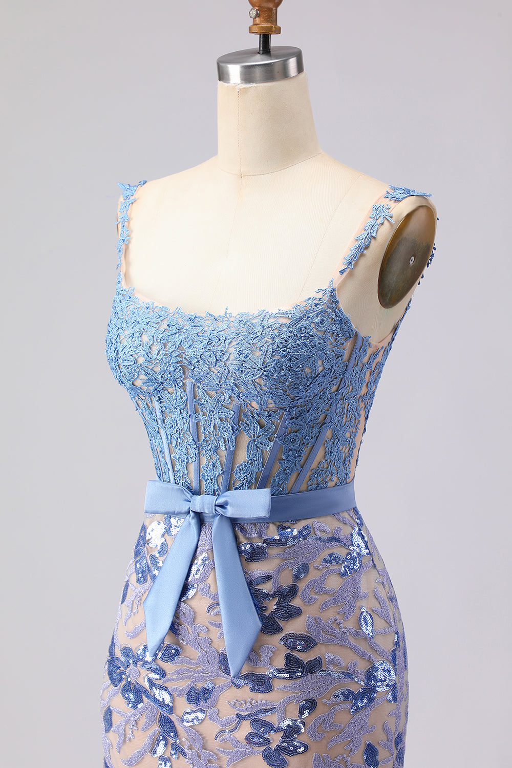 Grey Blue Mermaid Lace Long Corset Prom Dress with Bow