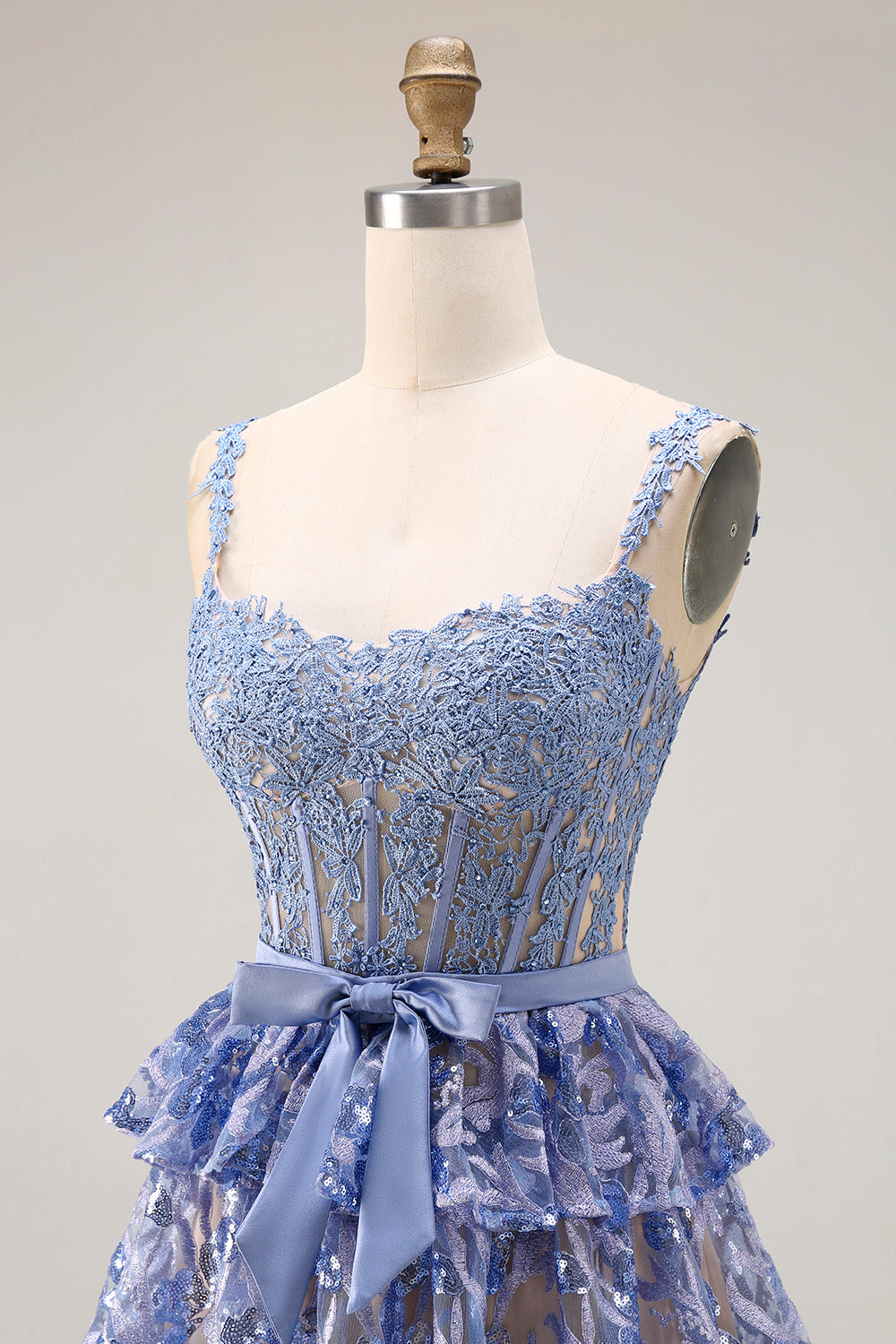 Sparkly Grey Blue Corset Tiered Long Lace Prom Dress with Slit