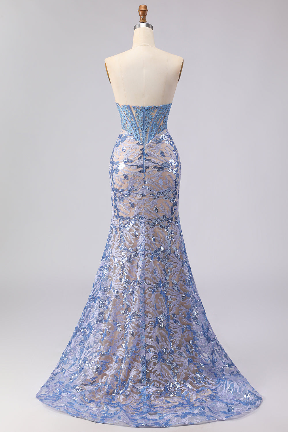 Sparkly Grey Blue Lace Mermaid Strapless Long Corset Prom Dress