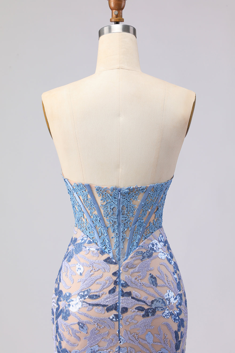 Sparkly Grey Blue Lace Mermaid Strapless Long Corset Prom Dress