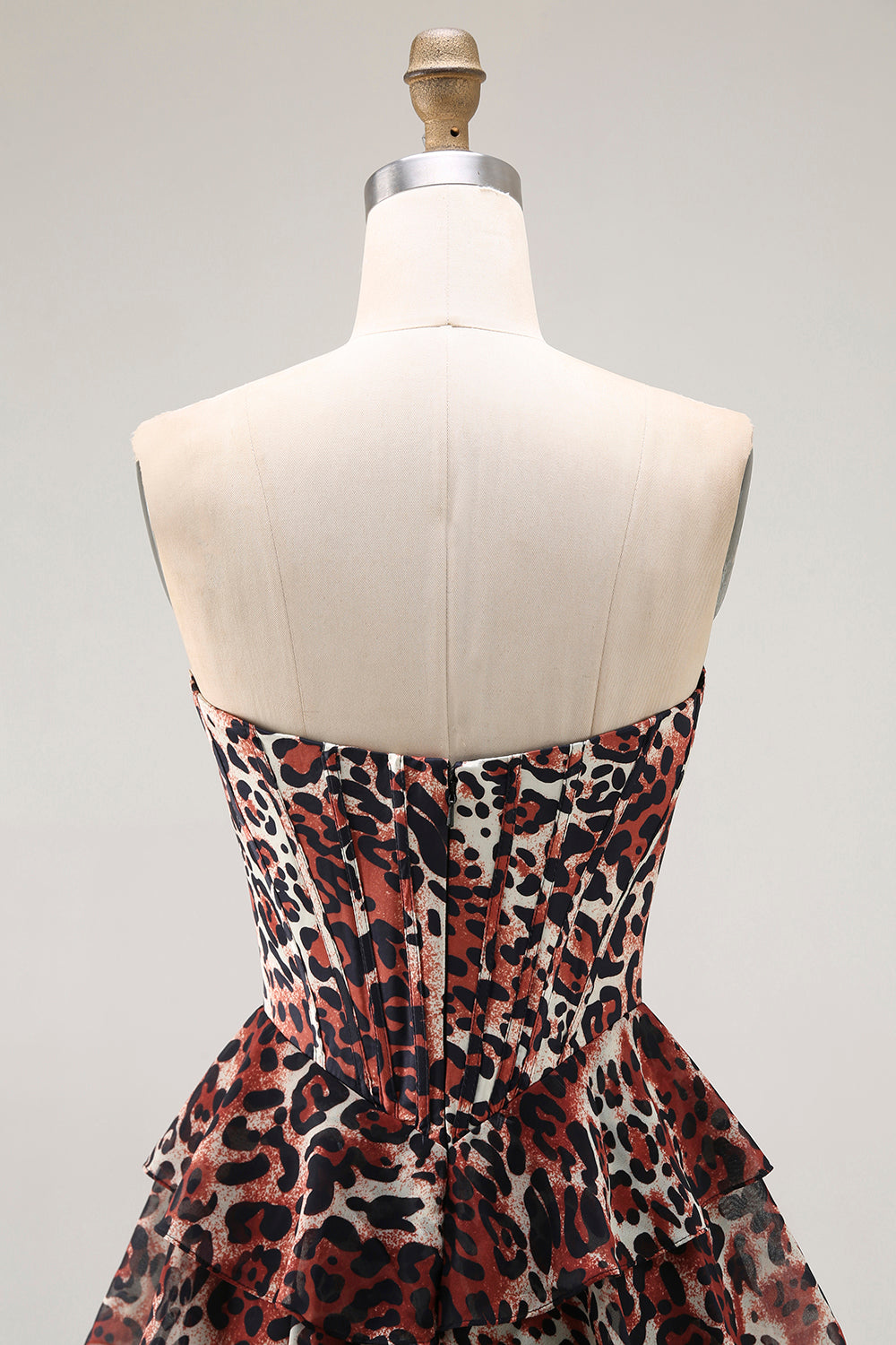Brown Leopard A-Line Strapless Tiered Long Prom Dress