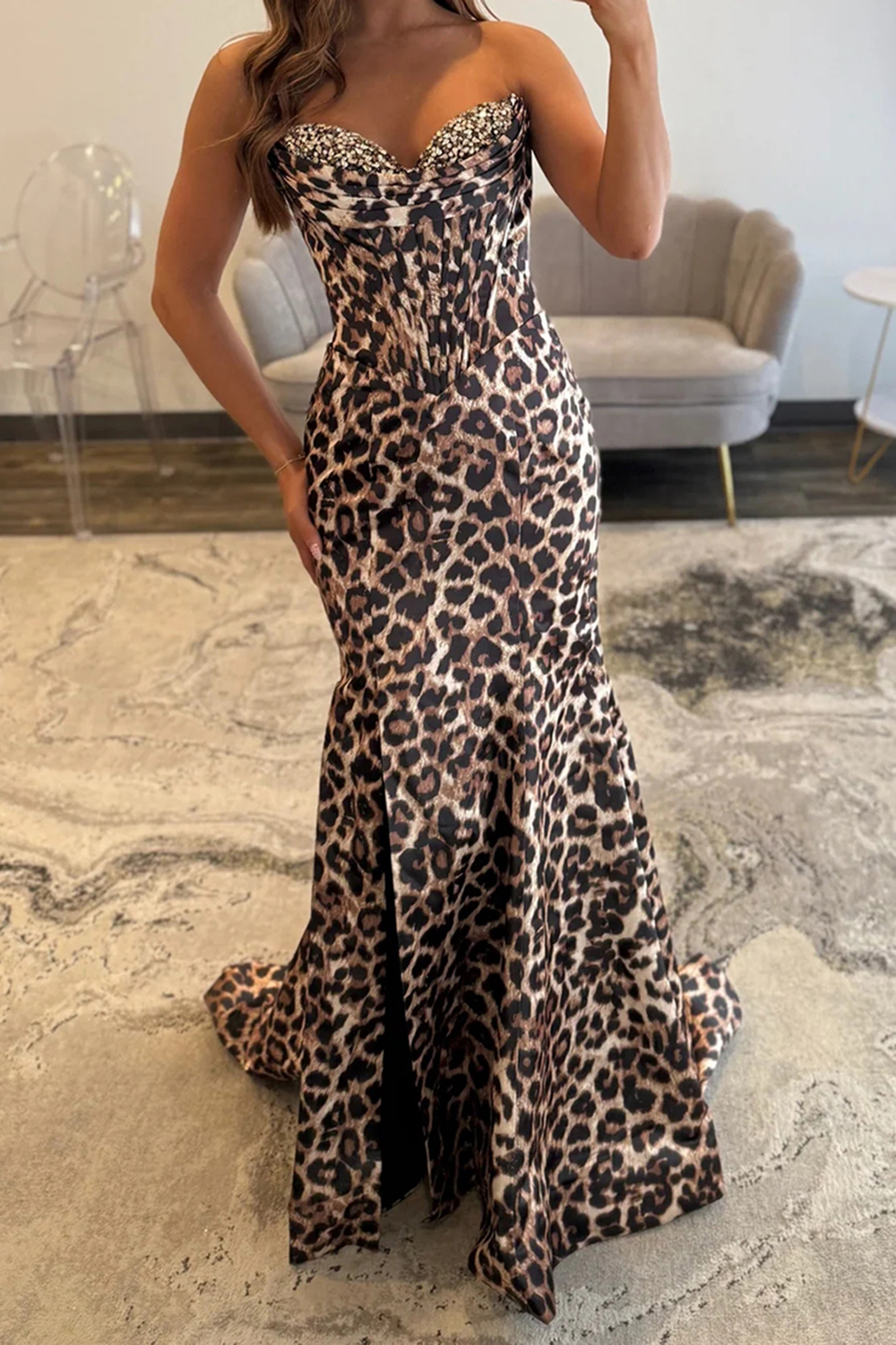 Coffee Leopard Mermaid Sweetheart Corset Long Prom Dress with Slit