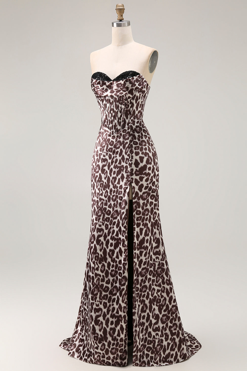 Coffee Leopard Print Sweetheart Mermaid Long Corset Prom Dress with Slit