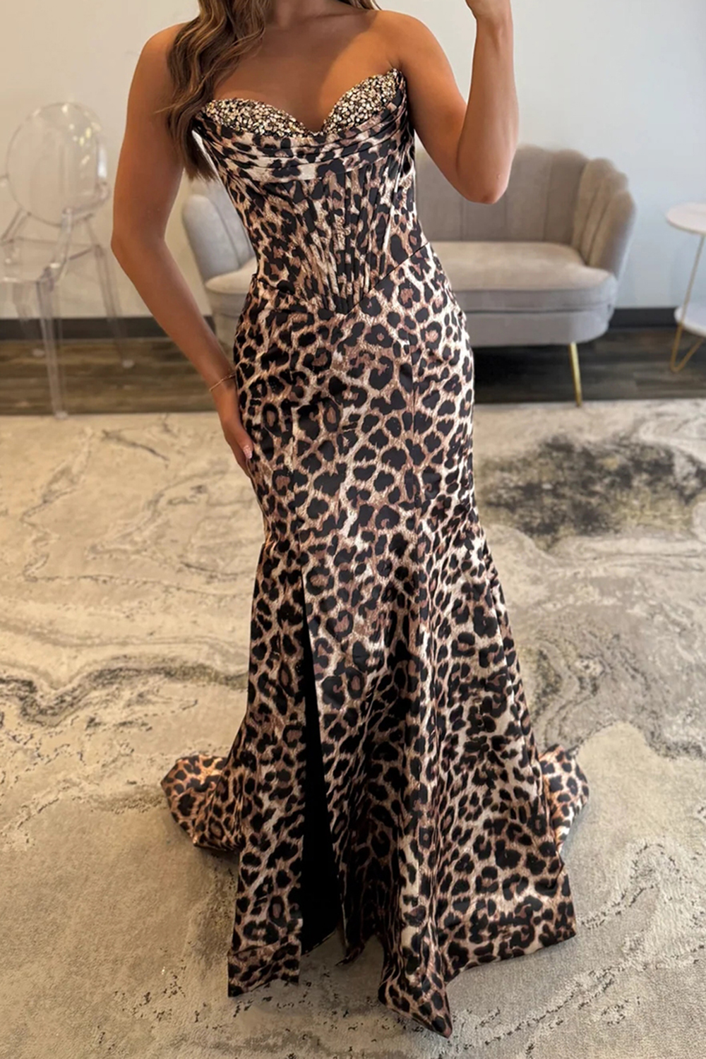 Coffee Leopard Mermaid Sweetheart Corset Long Prom Dress with Slit