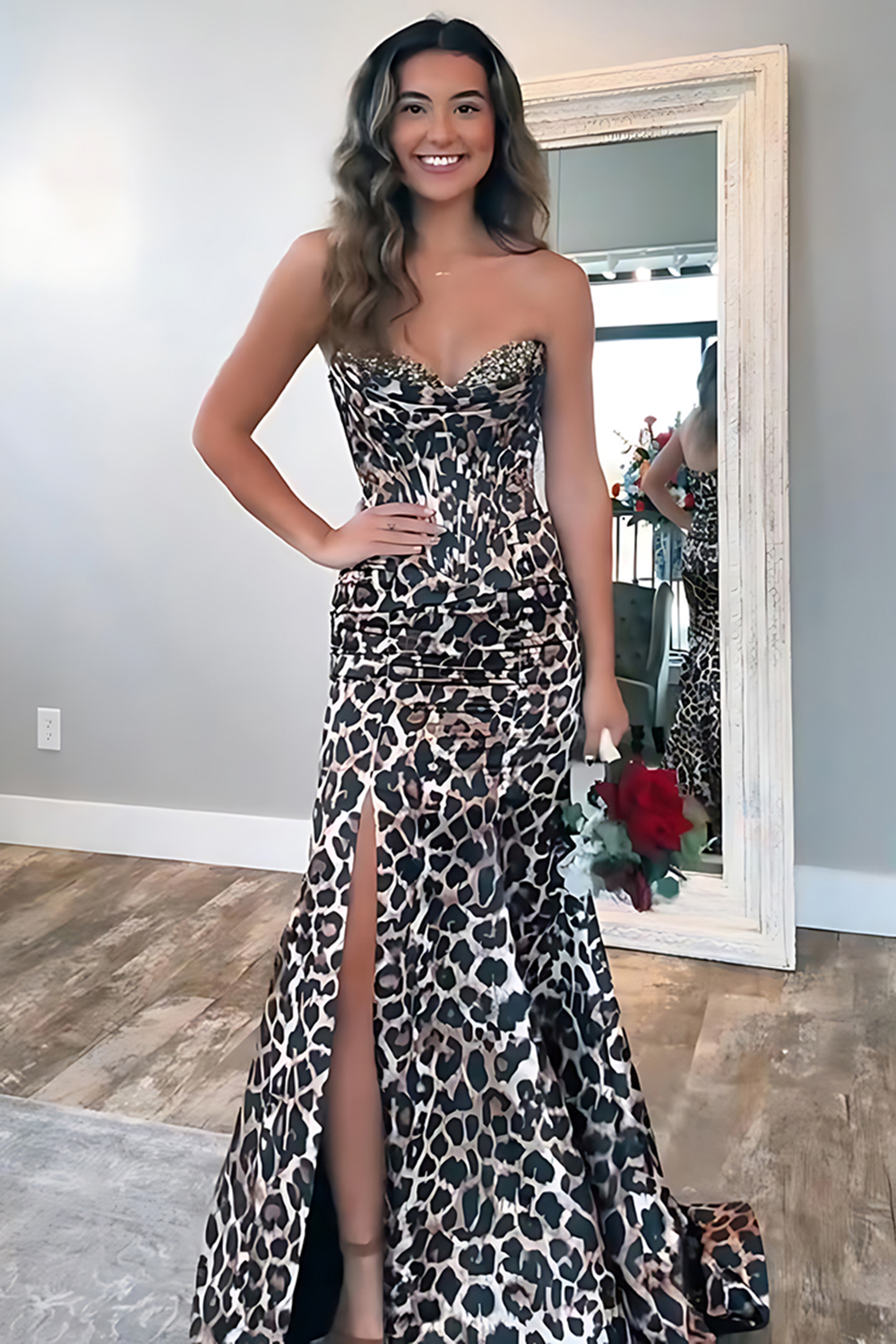 Coffee Leopard Mermaid Sweetheart Corset Long Prom Dress with Slit