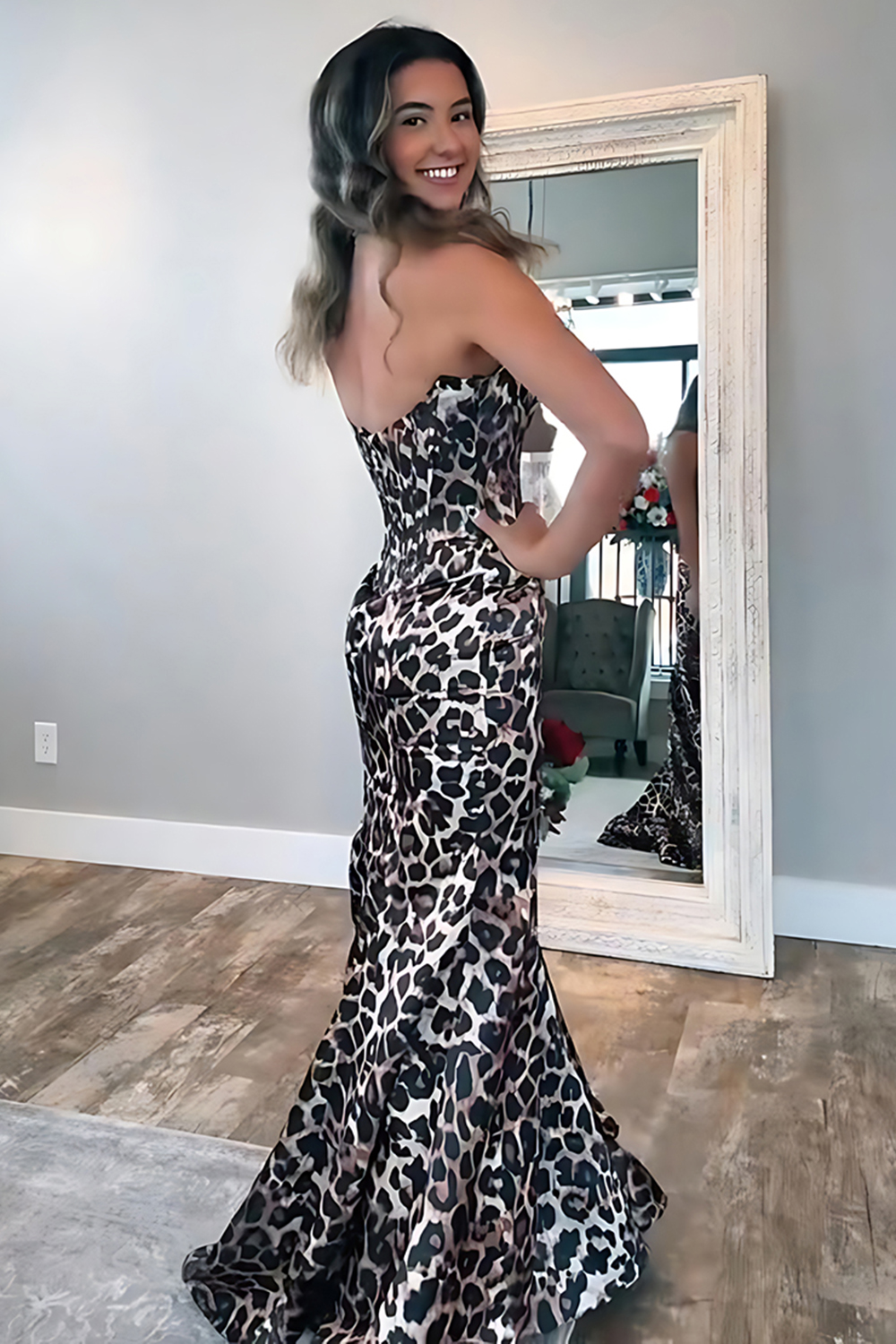 Coffee Leopard Mermaid Sweetheart Corset Long Prom Dress with Slit