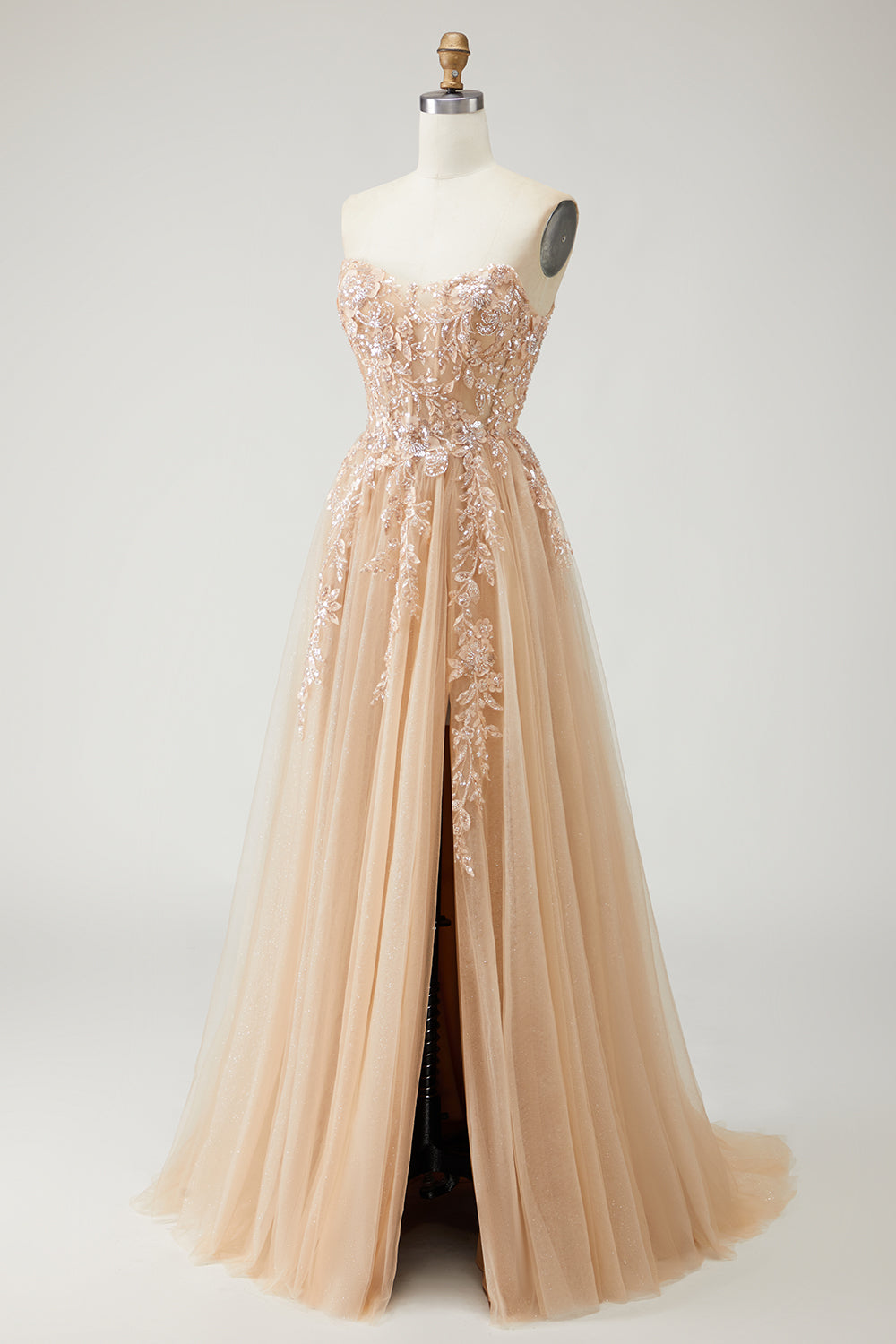 Floral Purple Detachable Sleeves Ball Gown Long Tulle Prom Dress