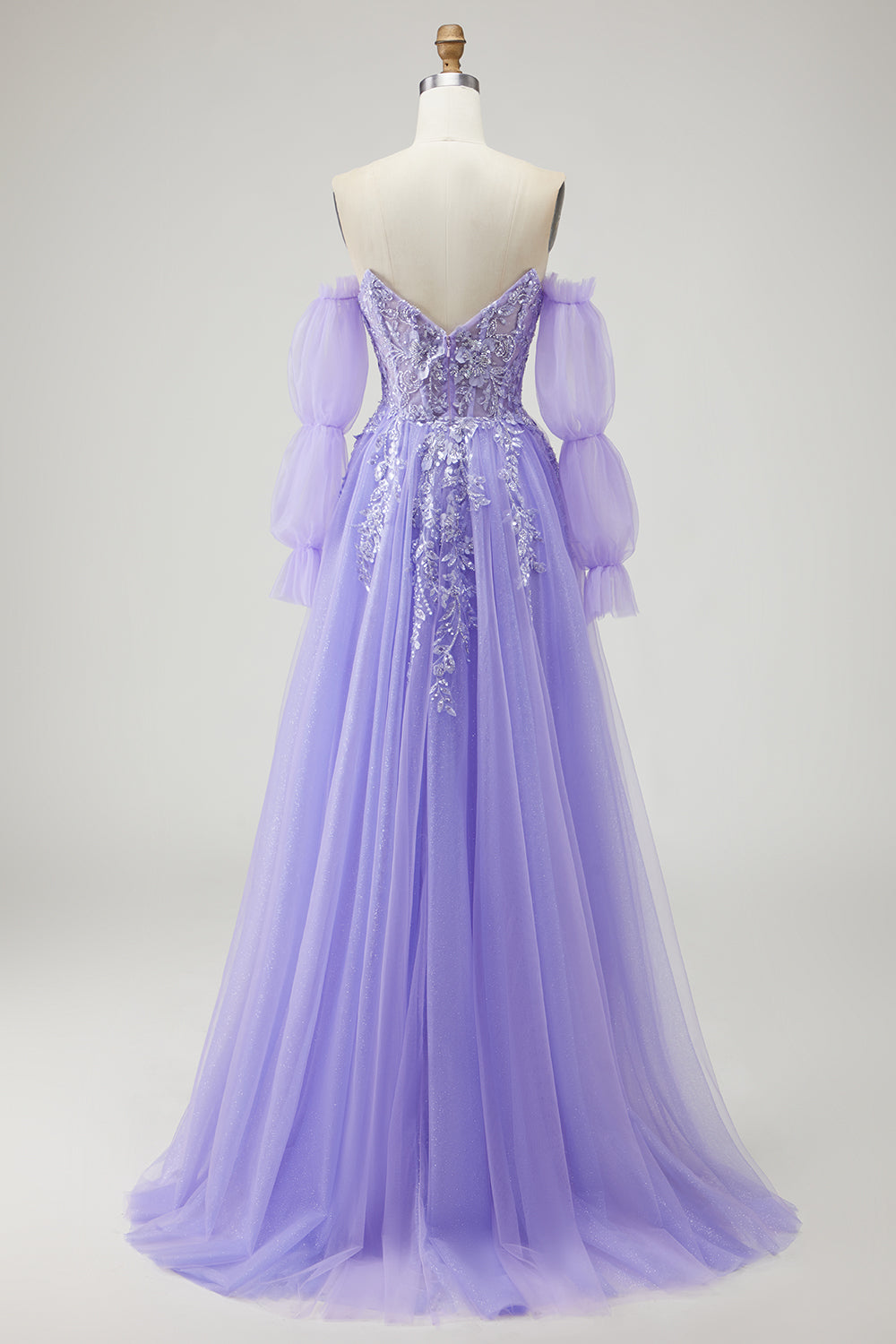 Floral Purple Detachable Sleeves Ball Gown Long Tulle Prom Dress