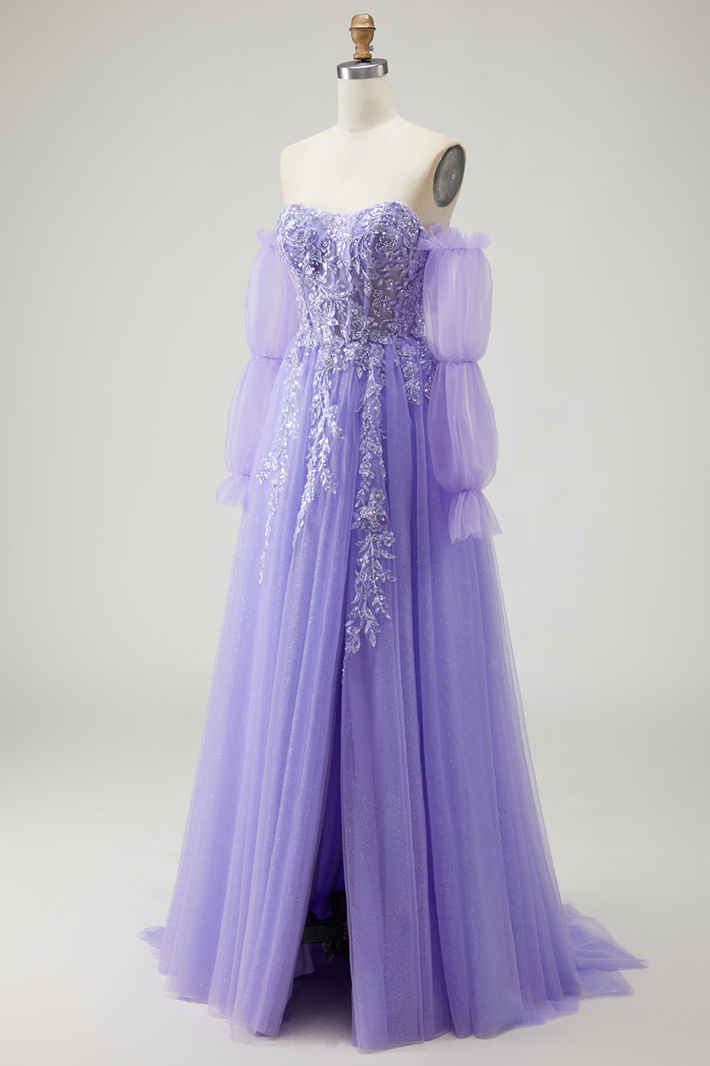Floral Purple Detachable Sleeves Ball Gown Long Tulle Prom Dress