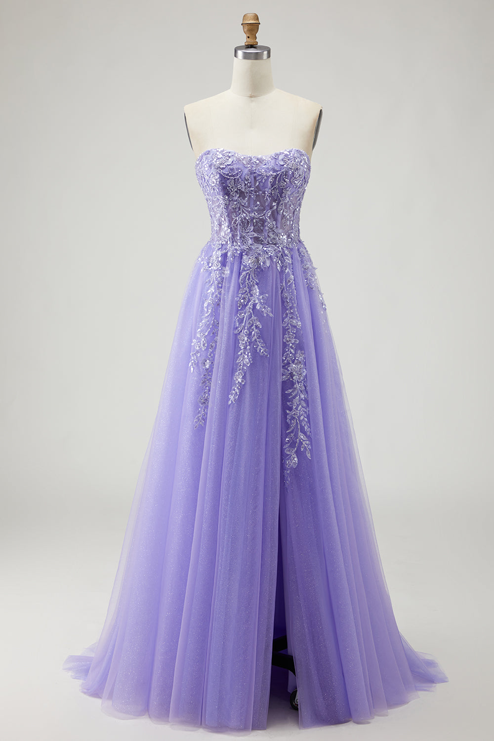 Floral Purple Detachable Sleeves Ball Gown Long Tulle Prom Dress