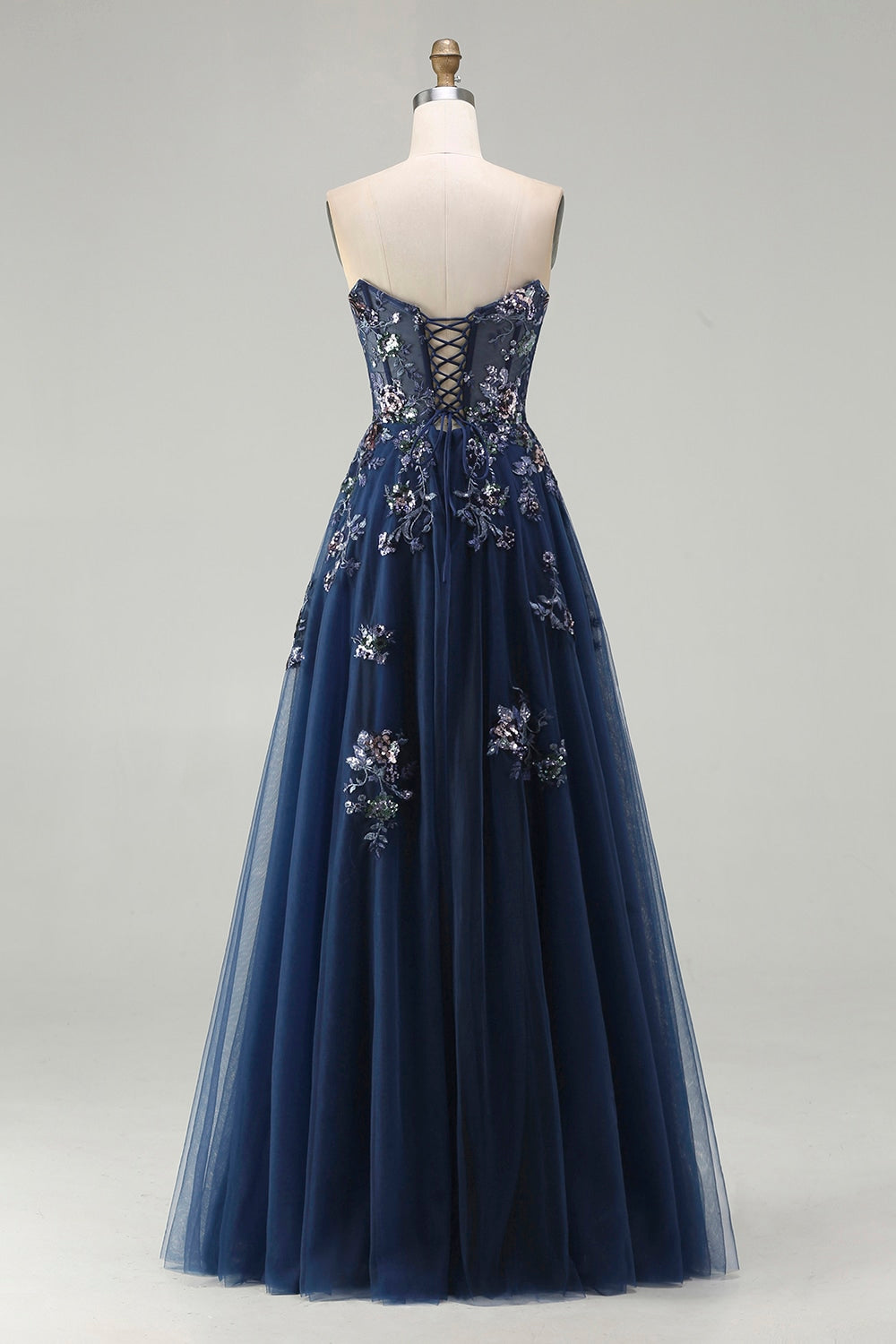 Floral Navy A-Line Tulle Corset Long Sparkly Prom Dress