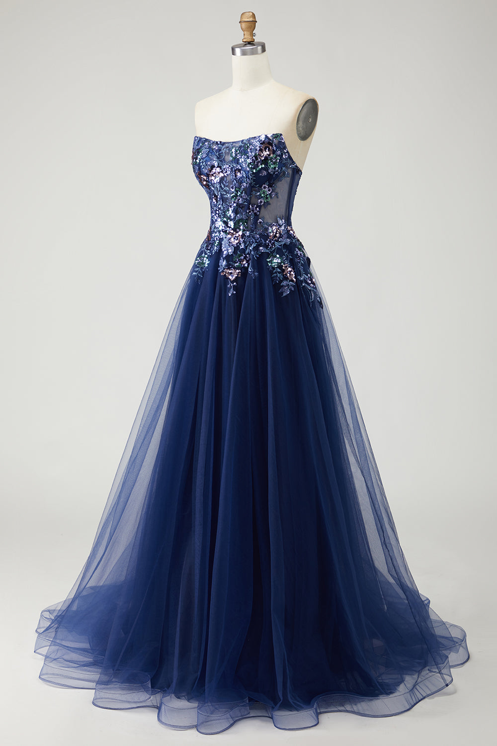 Sparkly Navy A-Line Strapless Long Tulle Prom Dress with Embroidery