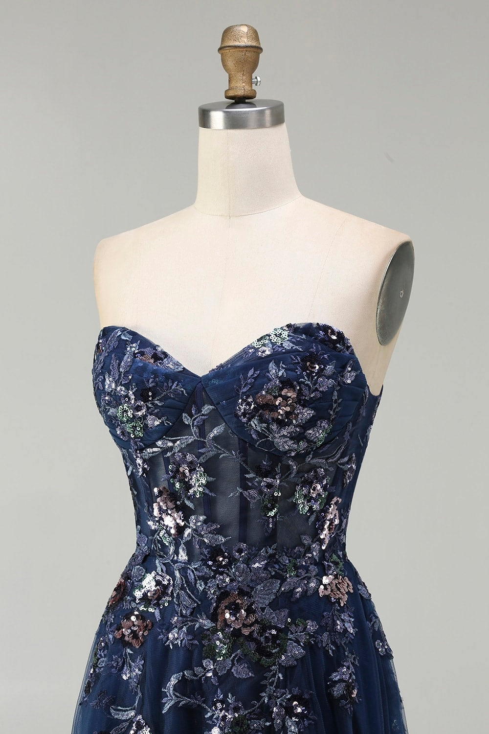 Floral Navy A-Line Tulle Corset Long Sparkly Prom Dress