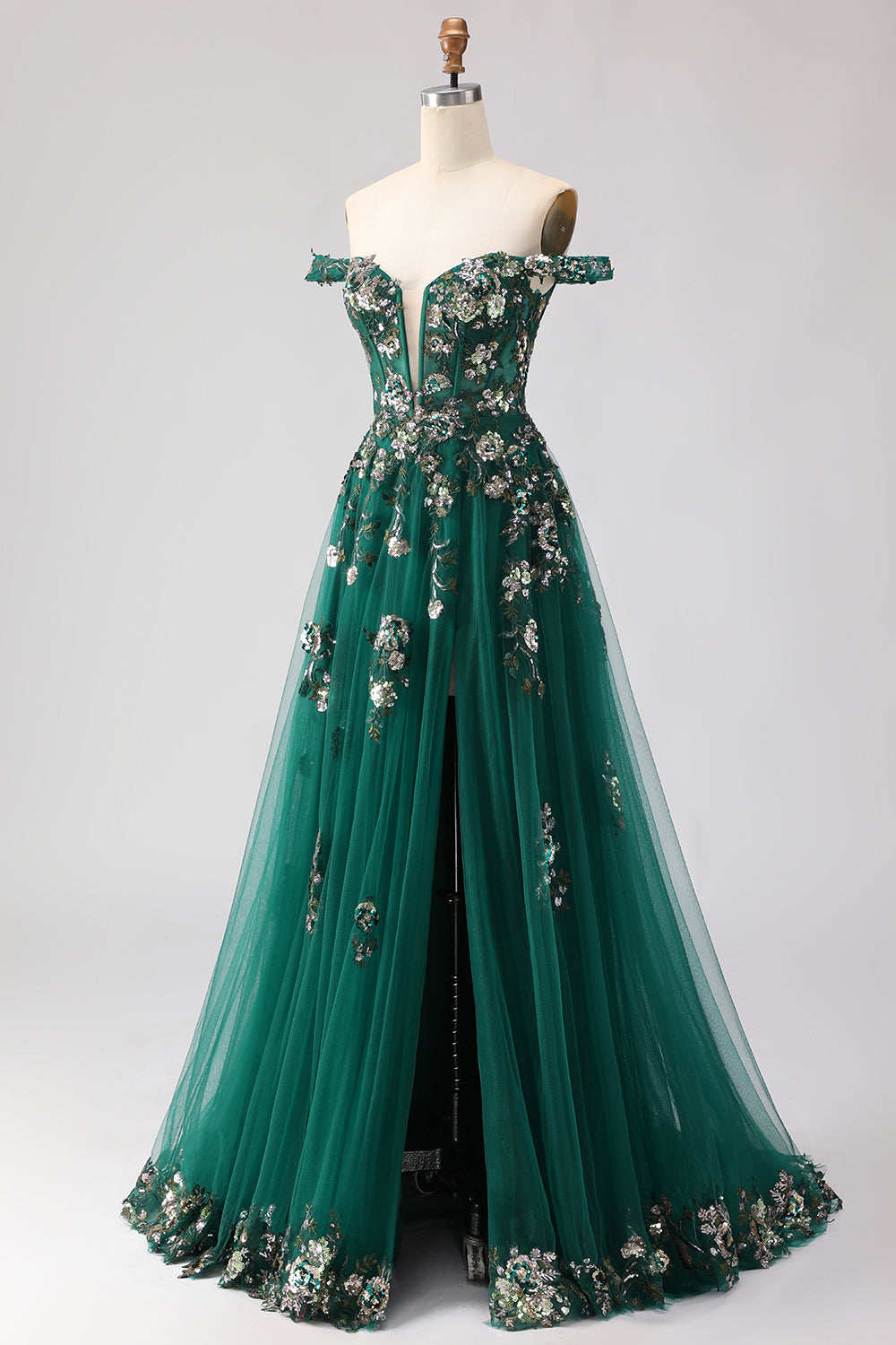 Floral Dark Green A Line Long Tulle Prom Dress with Appliques