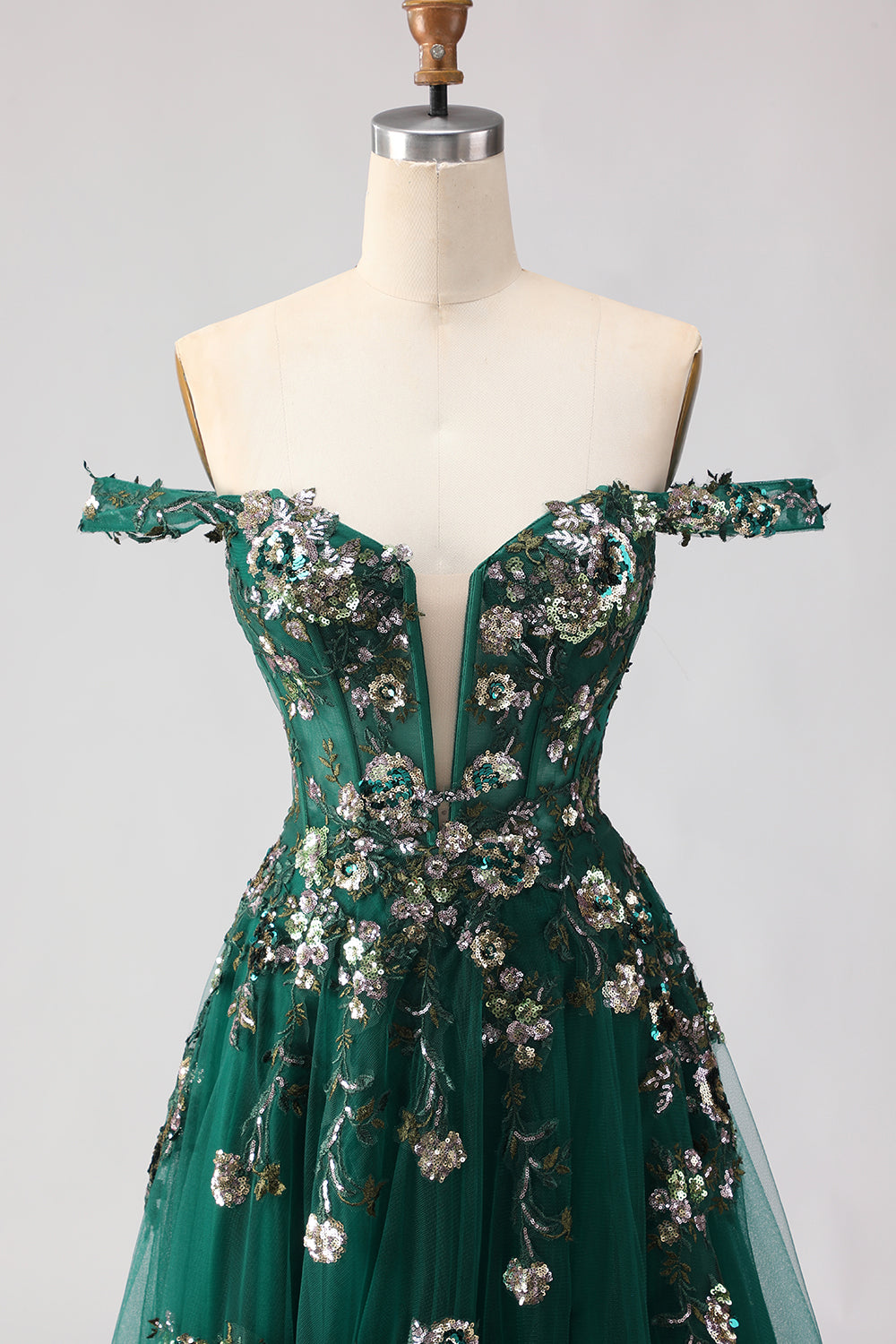 Floral Dark Green A Line Long Tulle Prom Dress with Appliques