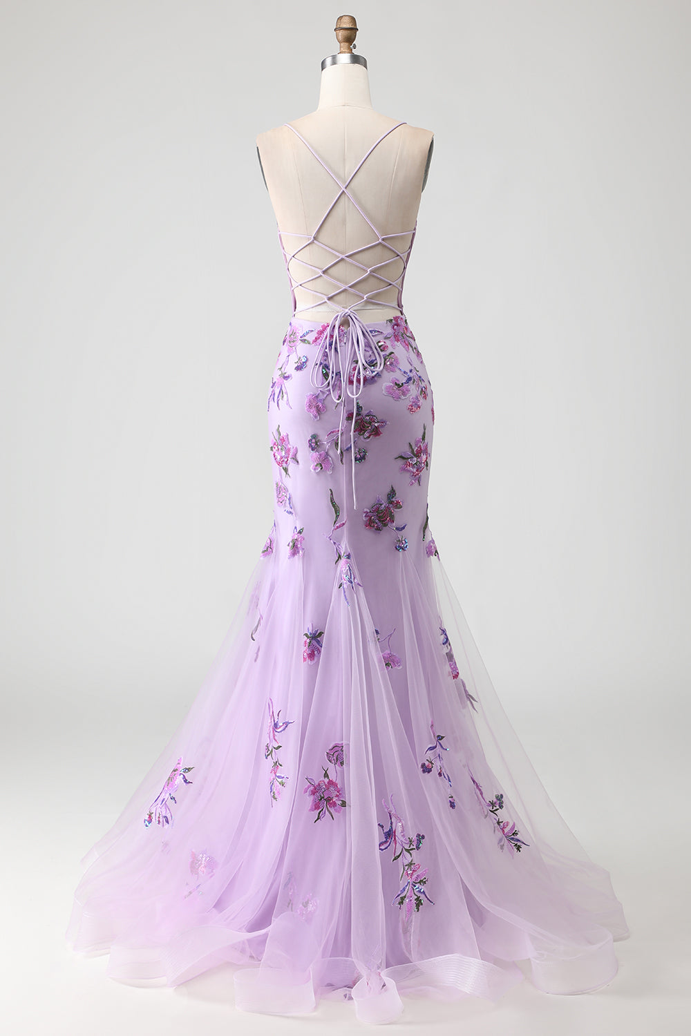 Floral Purple Mermaid Corset Tulle Lace-Up Back Long Prom Dress