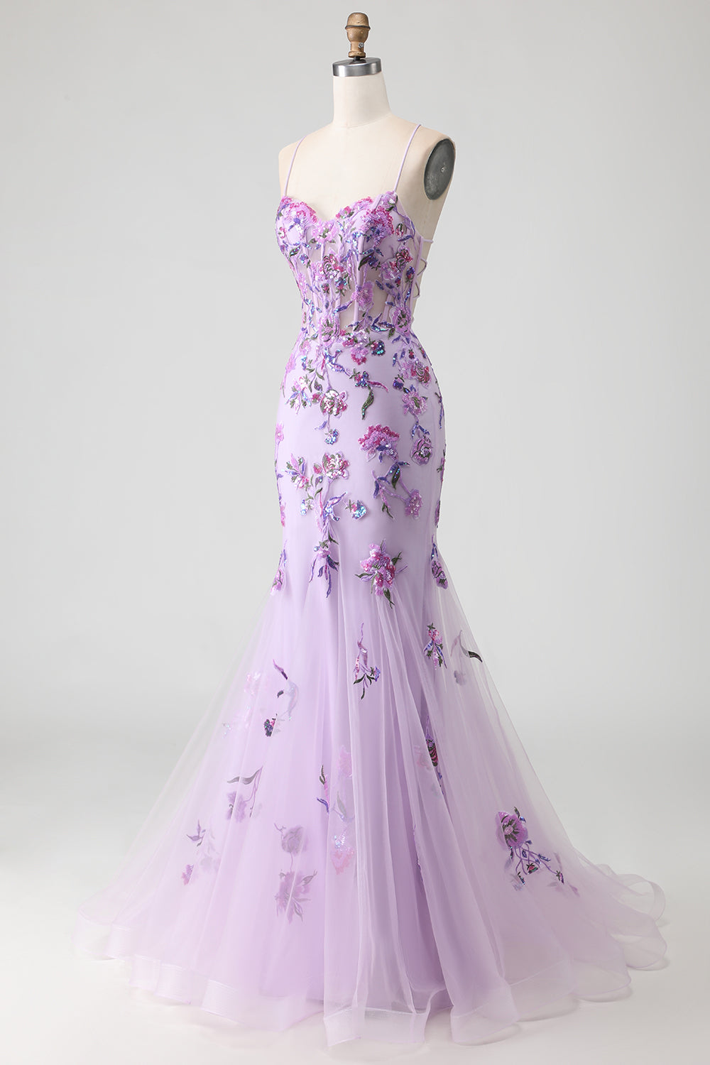 Floral Purple Mermaid Corset Tulle Lace-Up Back Long Prom Dress