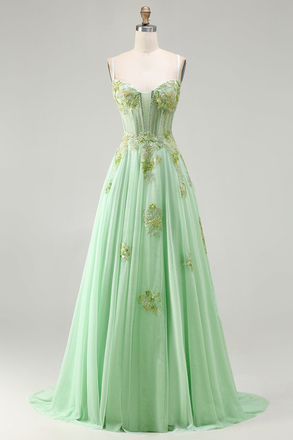 Floral Green A-Line Corset Long Sparkly Prom Dress with Beading