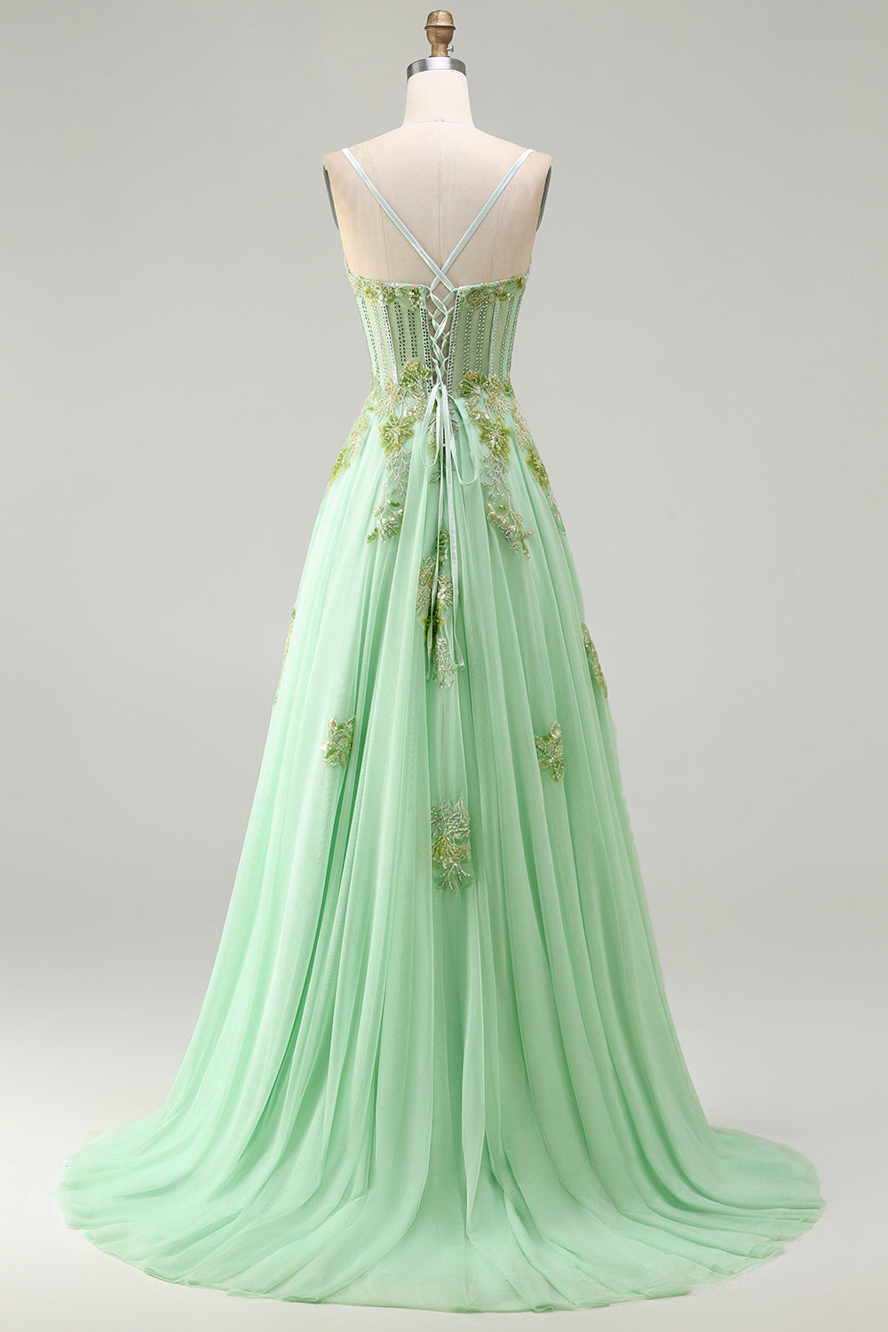 Floral Green A-Line Corset Long Sparkly Prom Dress with Beading