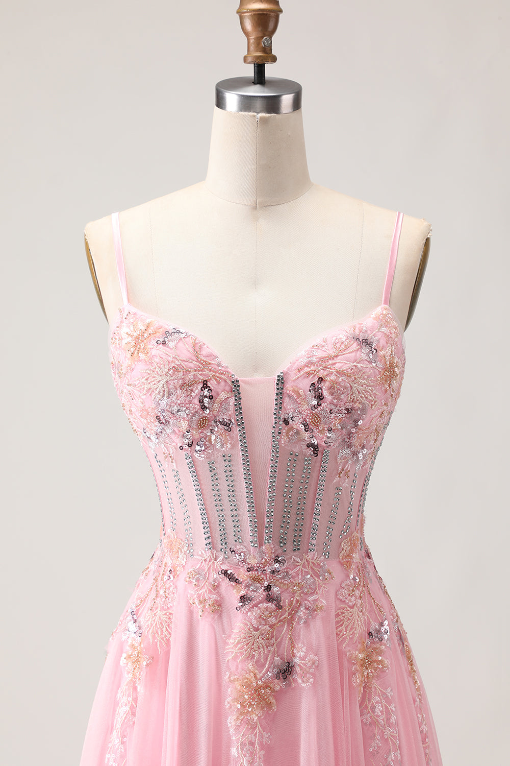 Floral Pink A-Line Tulle Spaghetti Straps Long Corset Prom Dress with Beading