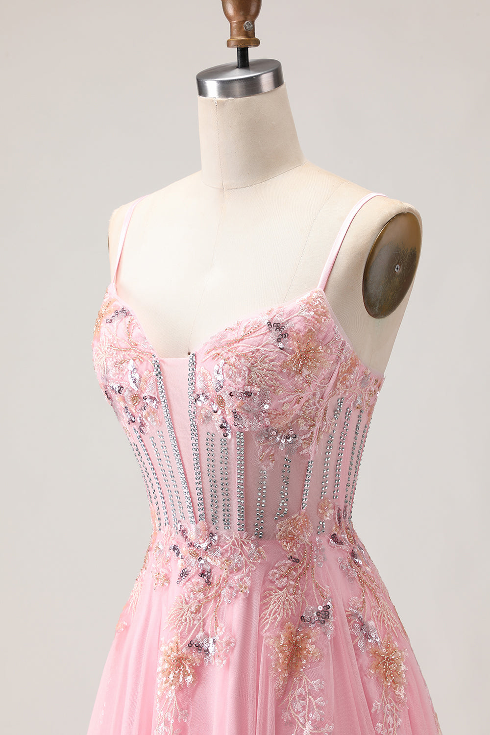 Floral Pink A-Line Tulle Spaghetti Straps Long Corset Prom Dress with Beading