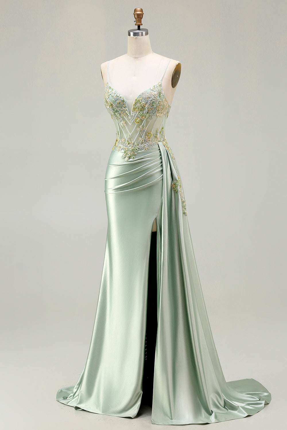 Floral Green Corset Mermaid Long Satin Prom Dress with Side Cape