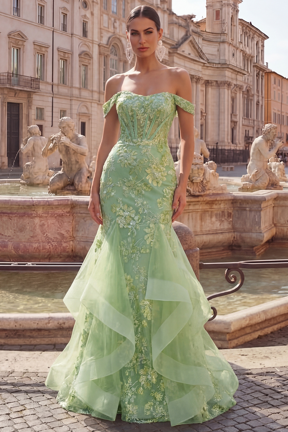 Floral Green Mermaid Detchable Straps Long Corset Prom Dress with Ruffles
