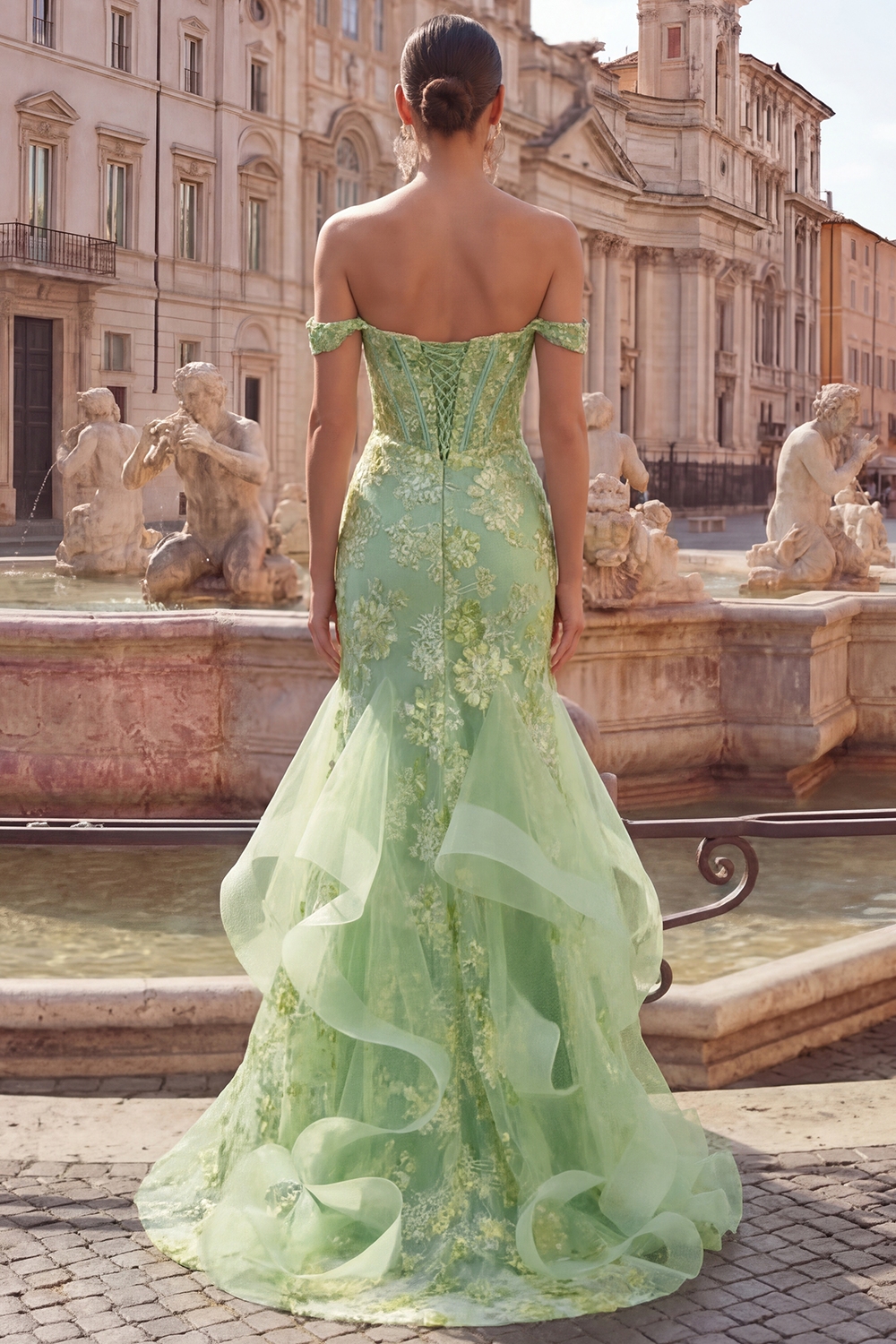 Floral Green Mermaid Detchable Straps Long Corset Prom Dress with Ruffles