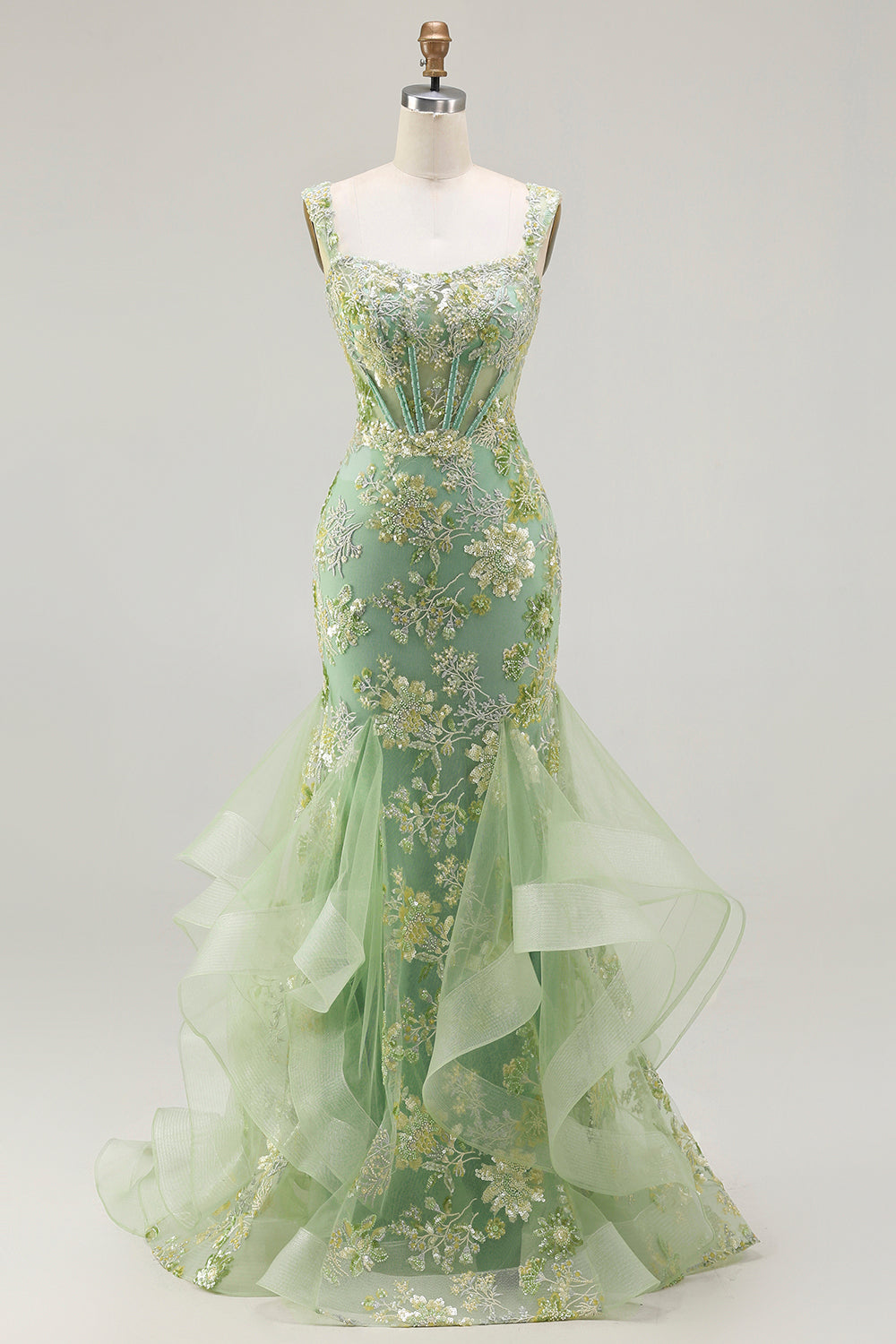 Floral Green Mermaid Detchable Straps Long Corset Prom Dress with Ruffles