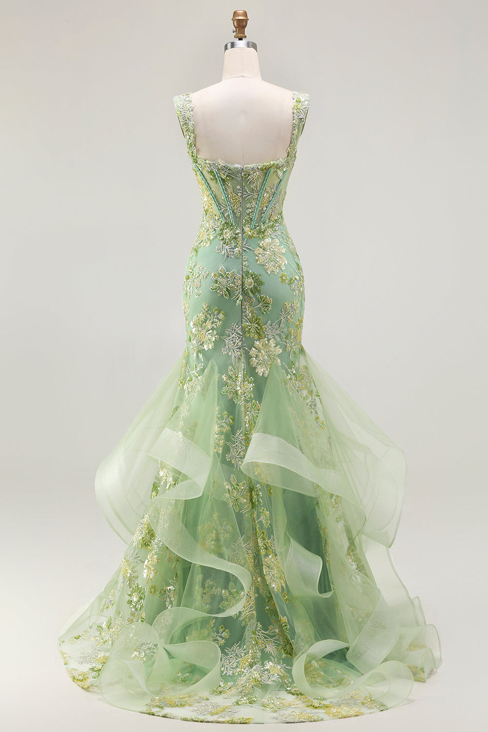 Floral Green Mermaid Detchable Straps Long Corset Prom Dress with Ruffles