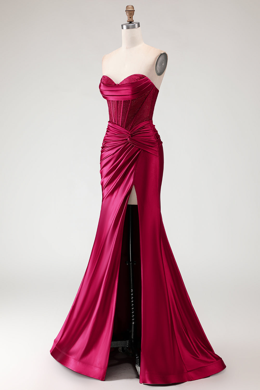 Elegant Burgundy Satin Strapless Mermaid Long Corset Prom Dress with Slit
