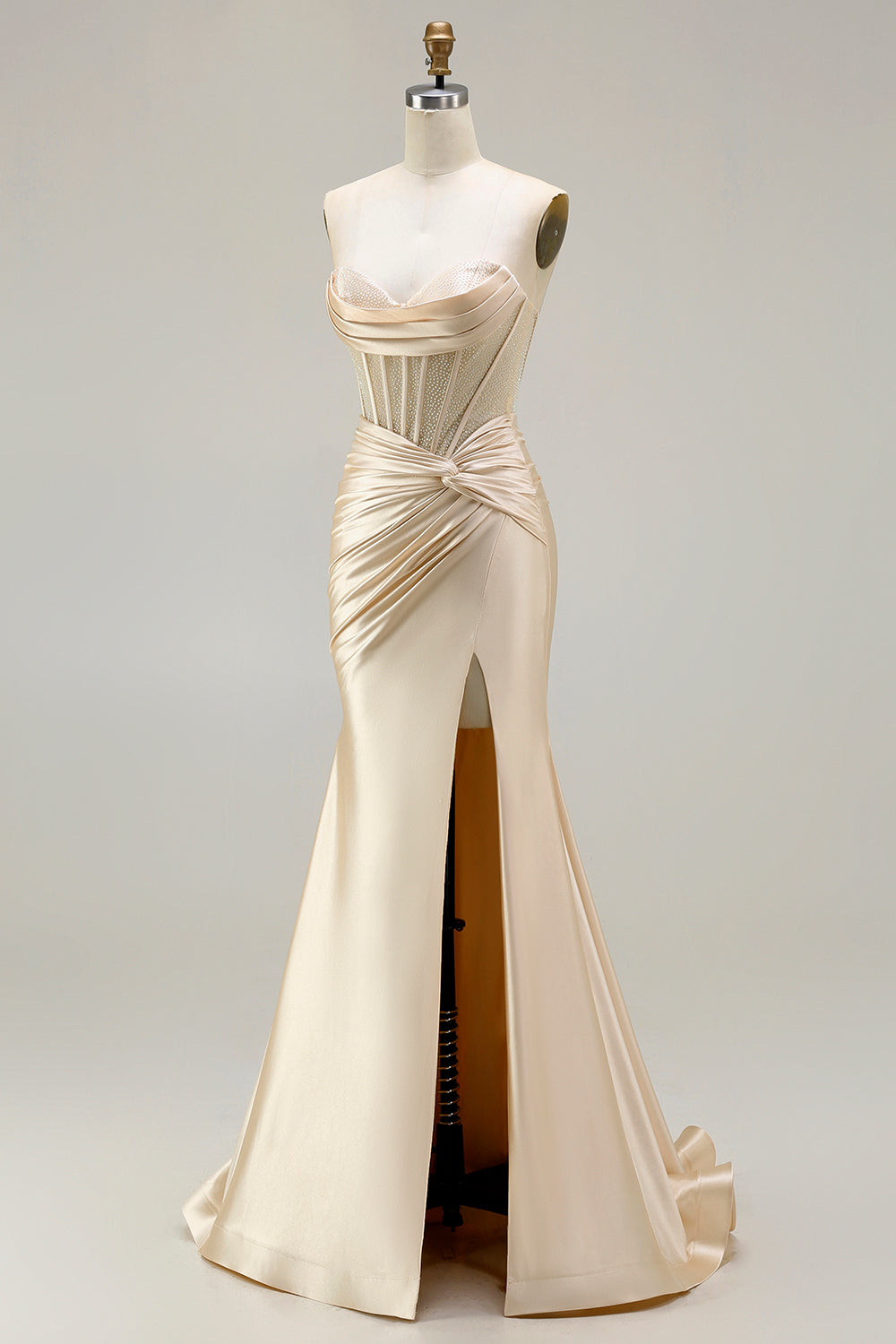 Elegant Champagne Satin Strapless Mermaid Long Corset Prom Dress with Slit