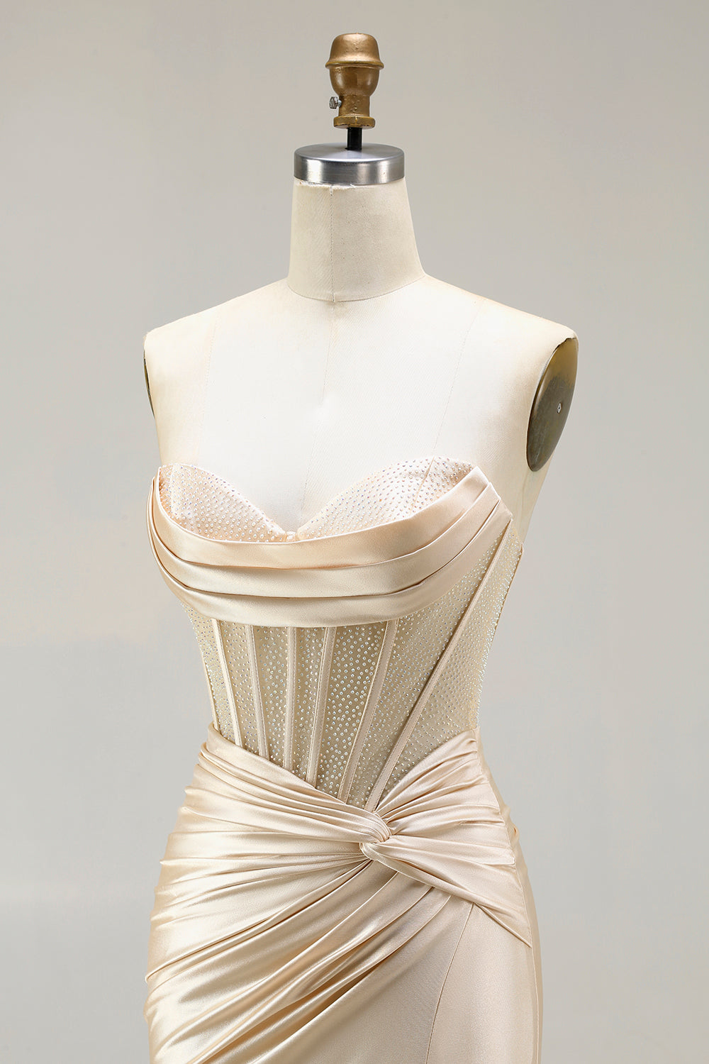 Elegant Champagne Satin Strapless Mermaid Long Corset Prom Dress with Slit