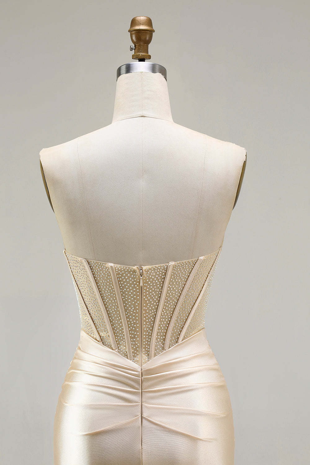 Elegant Champagne Satin Strapless Mermaid Long Corset Prom Dress with Slit