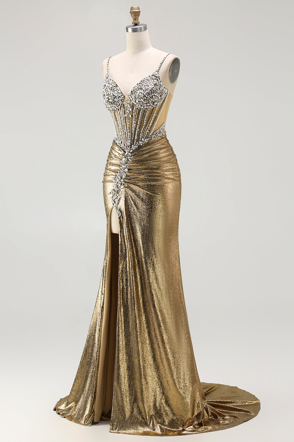 Golden Metallic Corset Mermaid Long Sparkly Prom Dress with Slit
