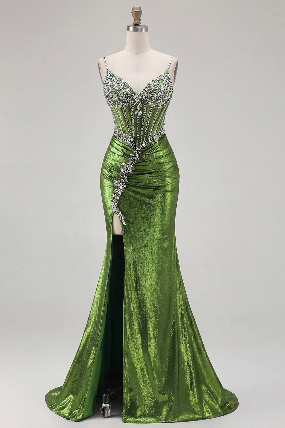 Golden Metallic Corset Mermaid Long Sparkly Prom Dress with Slit