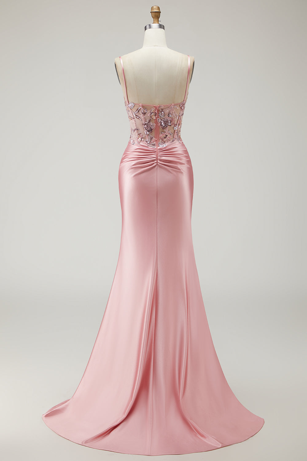Sparkly Blush Corset Mermaid Spaghetti Straps Long Satin Prom Dress with Slit