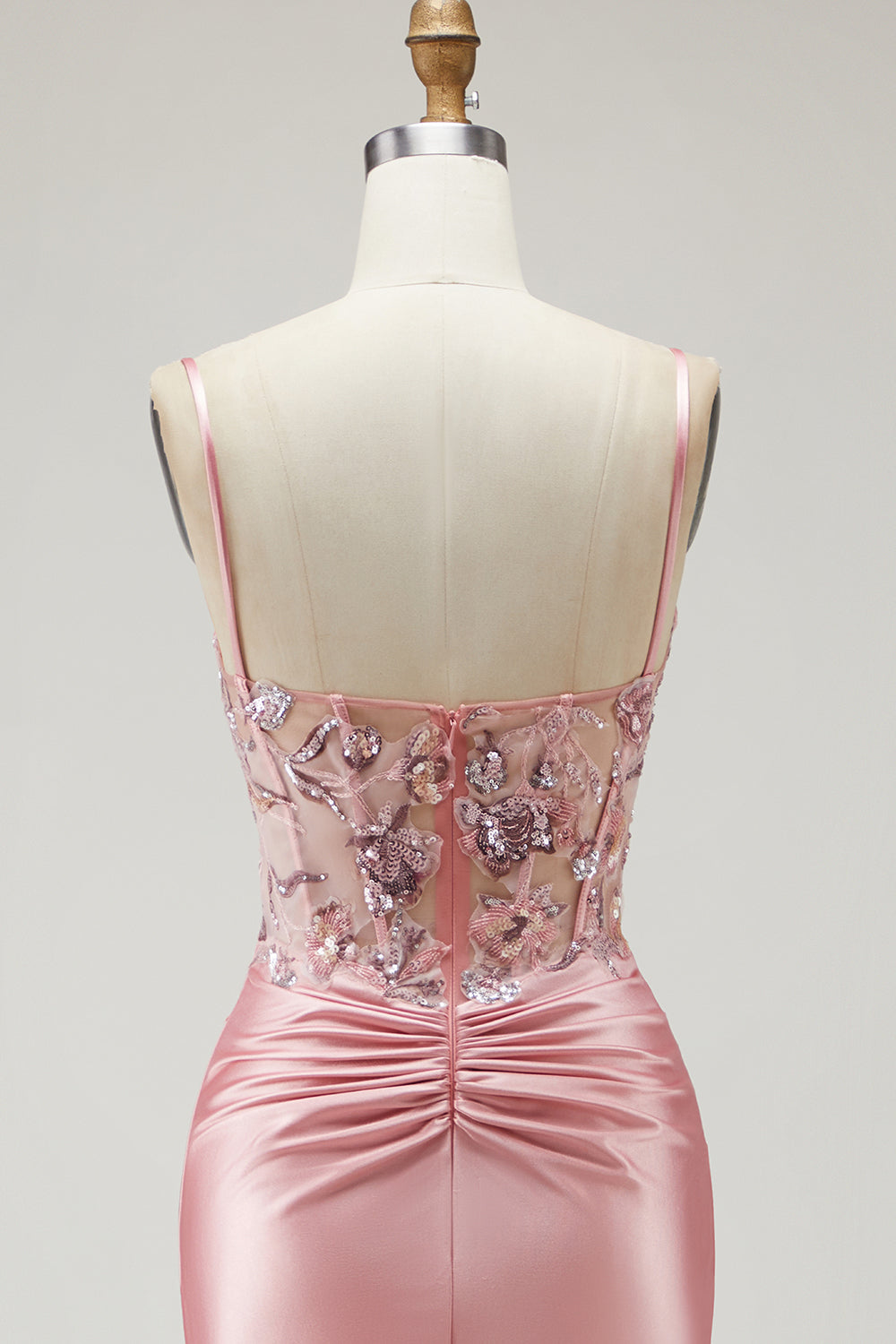 Sparkly Blush Corset Mermaid Spaghetti Straps Long Satin Prom Dress with Slit