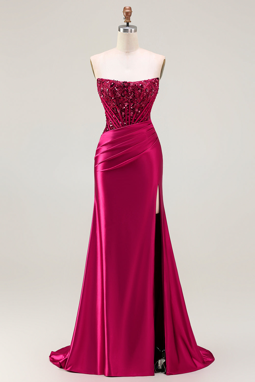 Sparkly Burgundy Mermaid Strapless Satin Long Corset Prom Dress with Slit